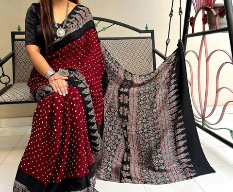Maroon Ajrakh Digital Print Muslin fabric Saree  – Traditional Ethnic Wear for Women