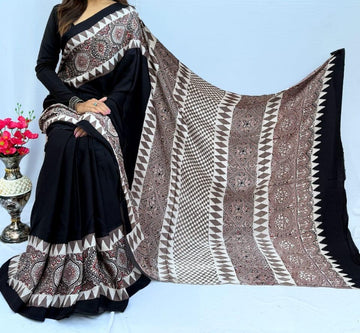 Black Ajrakh Digital Print Muslin fabric Saree  – Traditional Ethnic Wear for Women