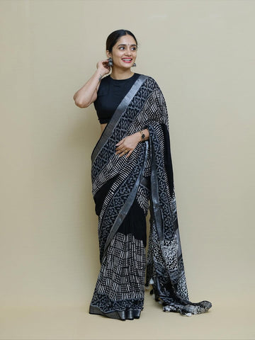 Premium Linen Cotton Digital Print Saree with Contrast Bengaluri Silk Blouse