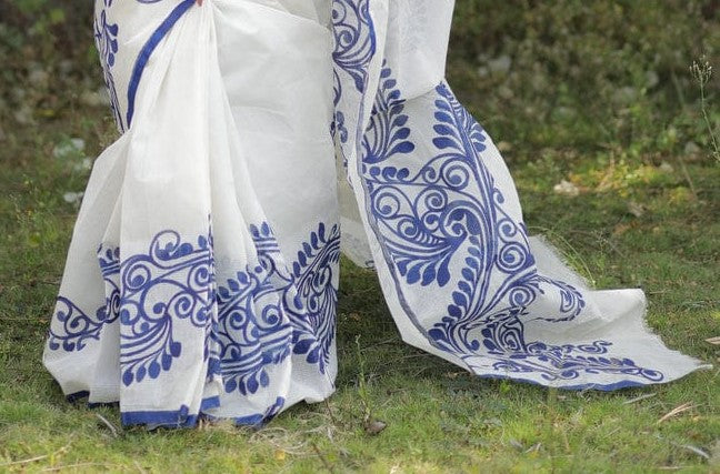 White & Blue Soft Linen Digital Printed Trendy Saree | Party Wear & Casual