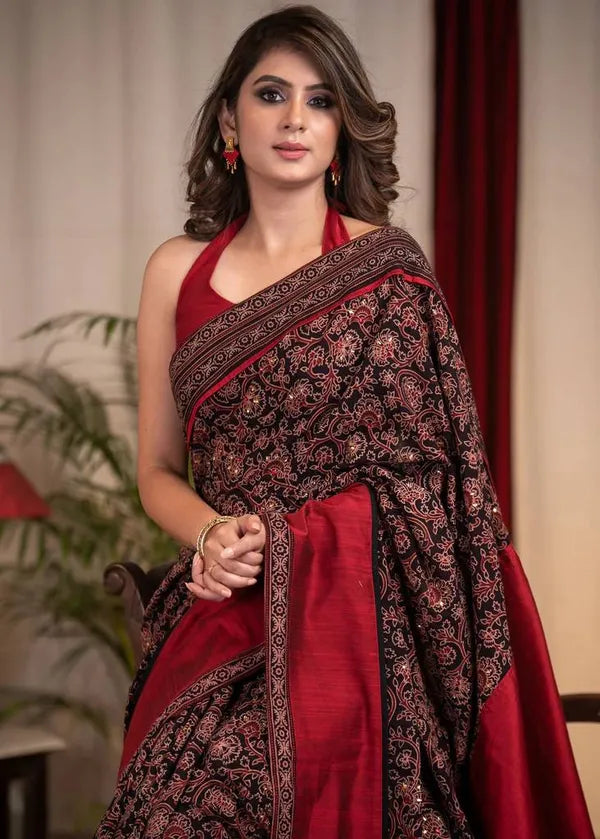 Elegant Maroon Ajrakh Saree