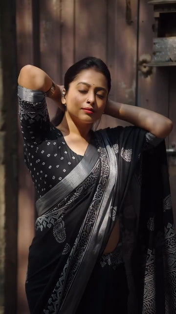 Black Pure Soft Linen Digital Print Saree with Blouse Piece for Women