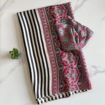 Exclusive Cream black Ajrakh Printed Saree