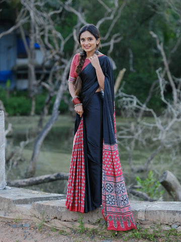 Premium Black Ajrakh Printed MODAL SILK SAREE