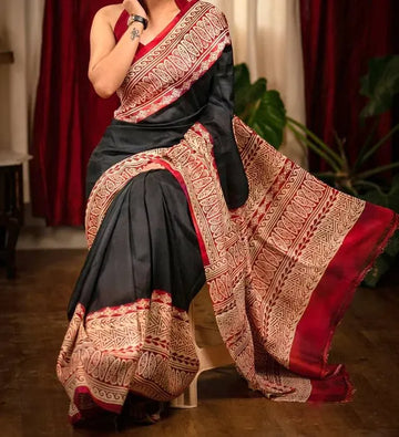Red Black Color Digital Printed Linen Saree