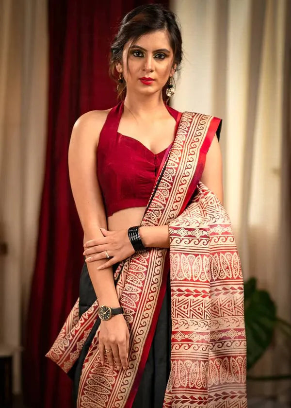 Red Black Color Digital Printed Linen Saree