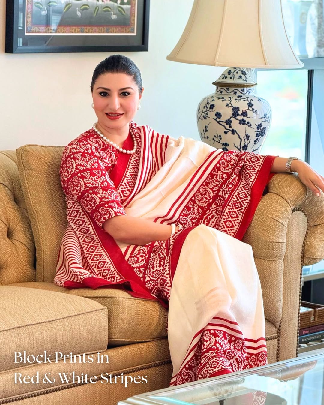 WHITE RED SILK DIGITAL PRINTED SAREE