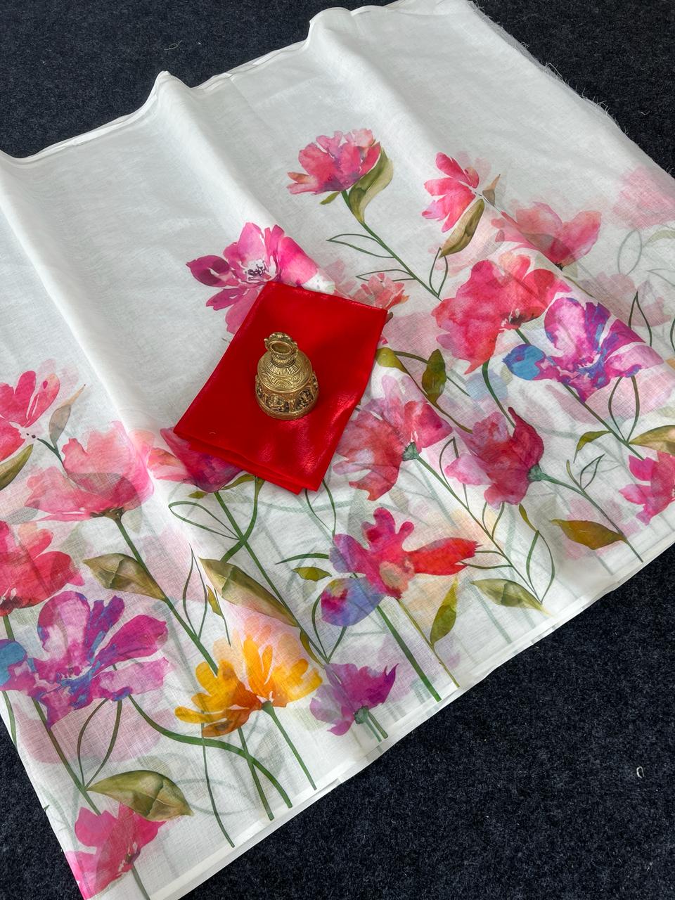 Attractive White Flower Print Linen Saree With Blouse Piece For Women | Party Wear & Casual