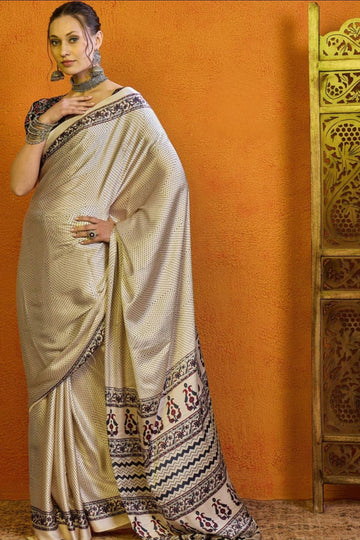 Exclusive Cream Ajrakh Printed  Crape Silk Saree