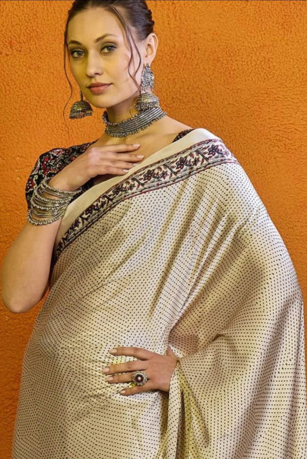 Exclusive Cream Ajrakh Printed  Crape Silk Saree