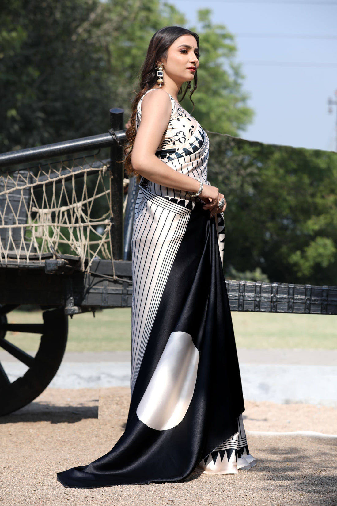 White Black Ajrakh Silk Digital Printed Saree – Elegant Ethnic Wear for Women