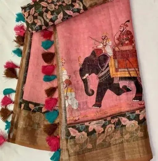 "Elegant Kalamkari Digital Printed Linen Saree with Blouse – Stylish & Timeless"