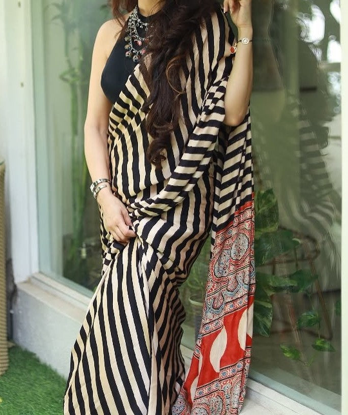 Exclusive Cream black Ajrakh Printed Saree