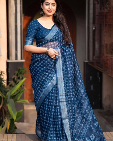 Attractive Blue Linen Digital Print Saree With Blouse Piece For Women