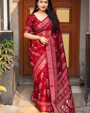 Attractive Red Linen Digital Print Saree with Blouse Piece for Women