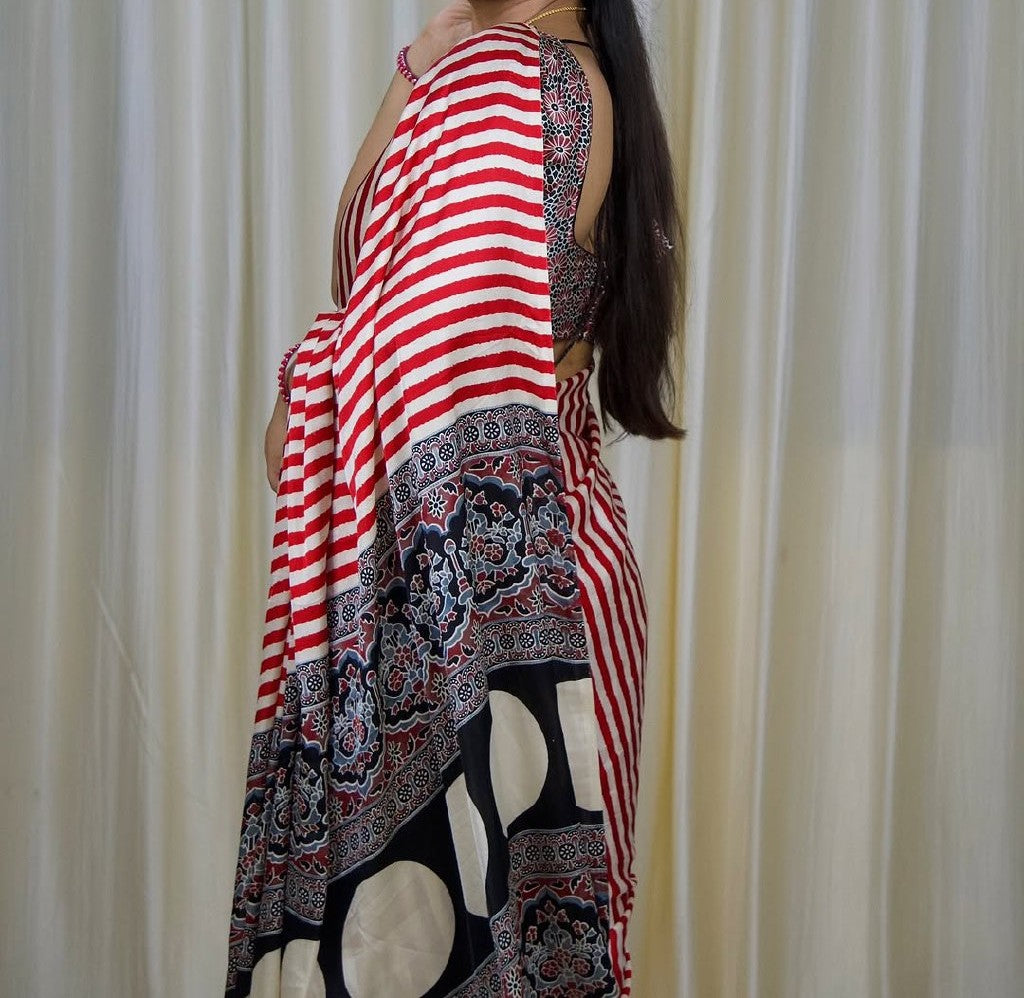 Cream Red Handcrafted Ajrakh Saree – Elegant Traditional Ethnic Wear for Women