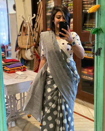TRADITIONAL GRAY COLOR PRINTED LINEN SAREE