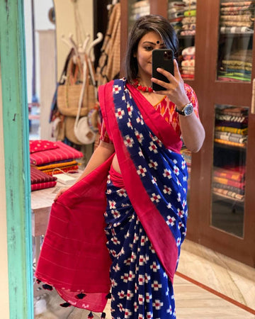 TRADITIONAL BLUE COLOR PRINTED LINEN SAREE