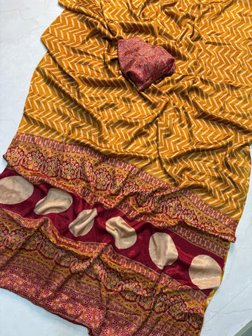 Authentic Ajrakh Satin Crepe Saree |A Perfect Blend of Tradition & Grace