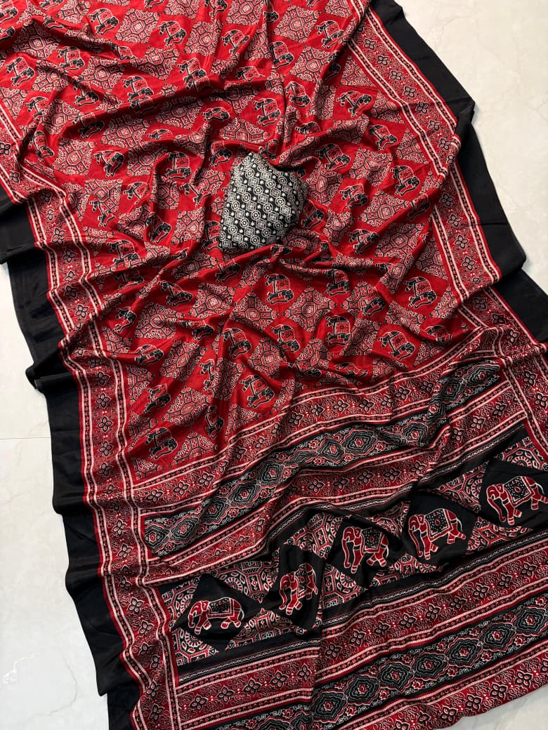 Premium Ajrakh Print Satin Crepe Saree – Heritage Style & Modern Elegance