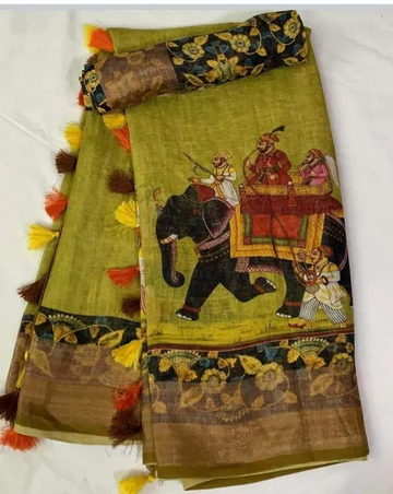 "Elegant Kalamkari Digital Printed Linen Saree with Blouse – Stylish & Timeless"