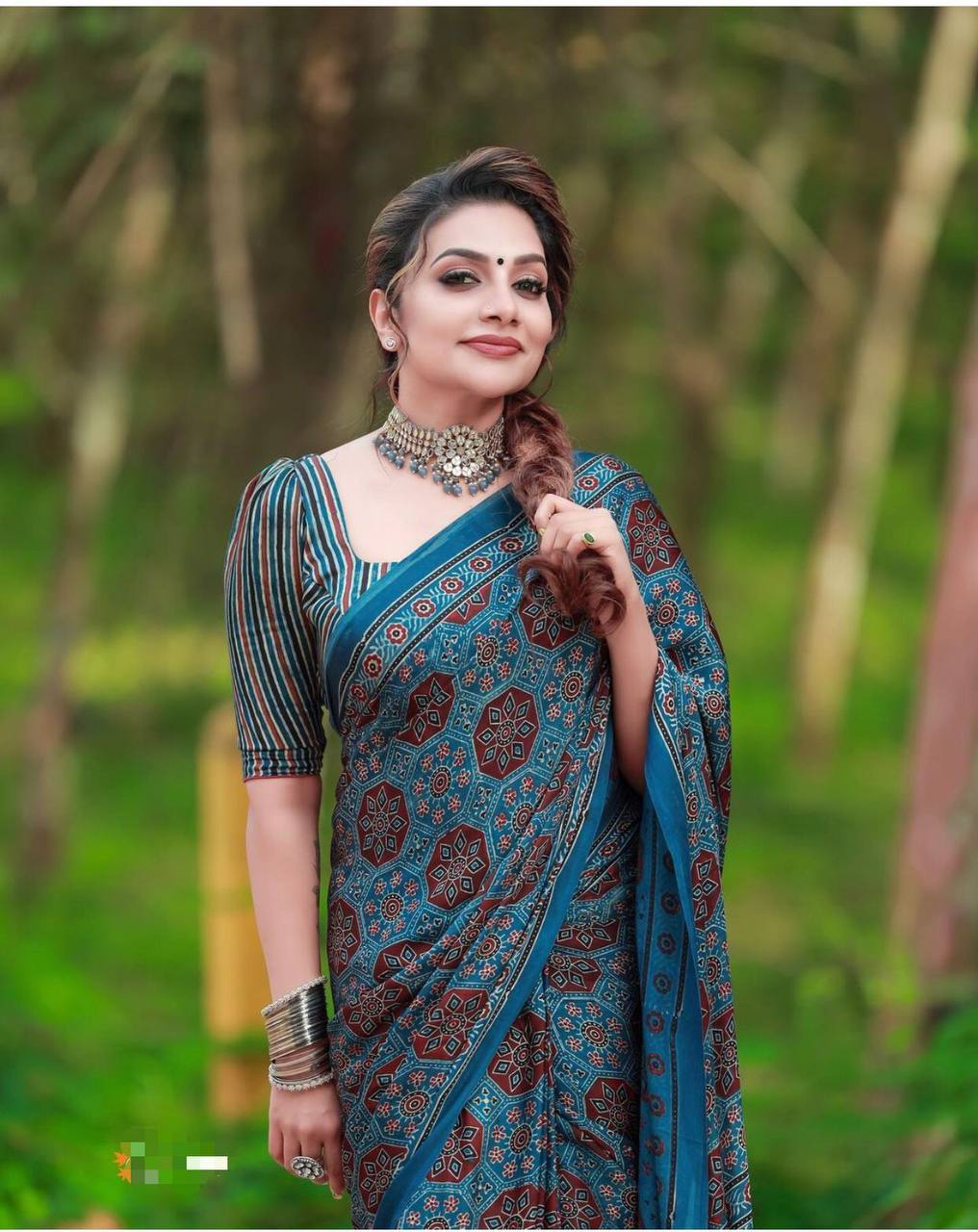 PRETTY BLUE AJRAKH PRINTED  SILK SAREE.