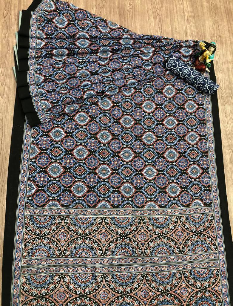 DESIGNER BLUE AJRAKH PRINTED  SILK SAREE.